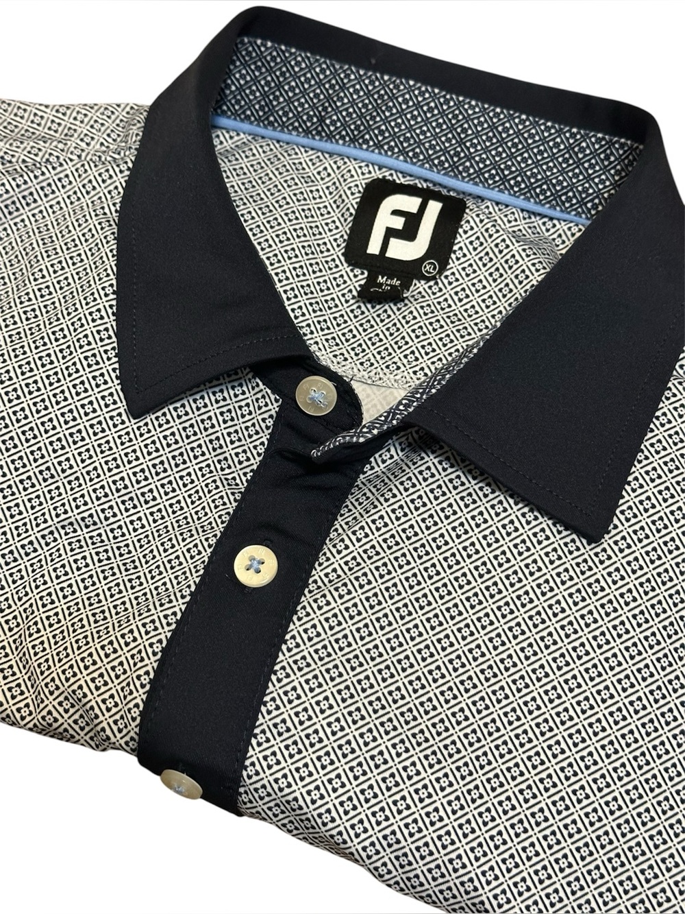 FootJoy Performance Geometric Pattern Blue and White Golf Polo Shirt Size XL